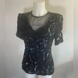 VTG 80’s Laurence Kazar Black Silk Rainbow Iridescent Sequin Rose Mesh Top M 176
